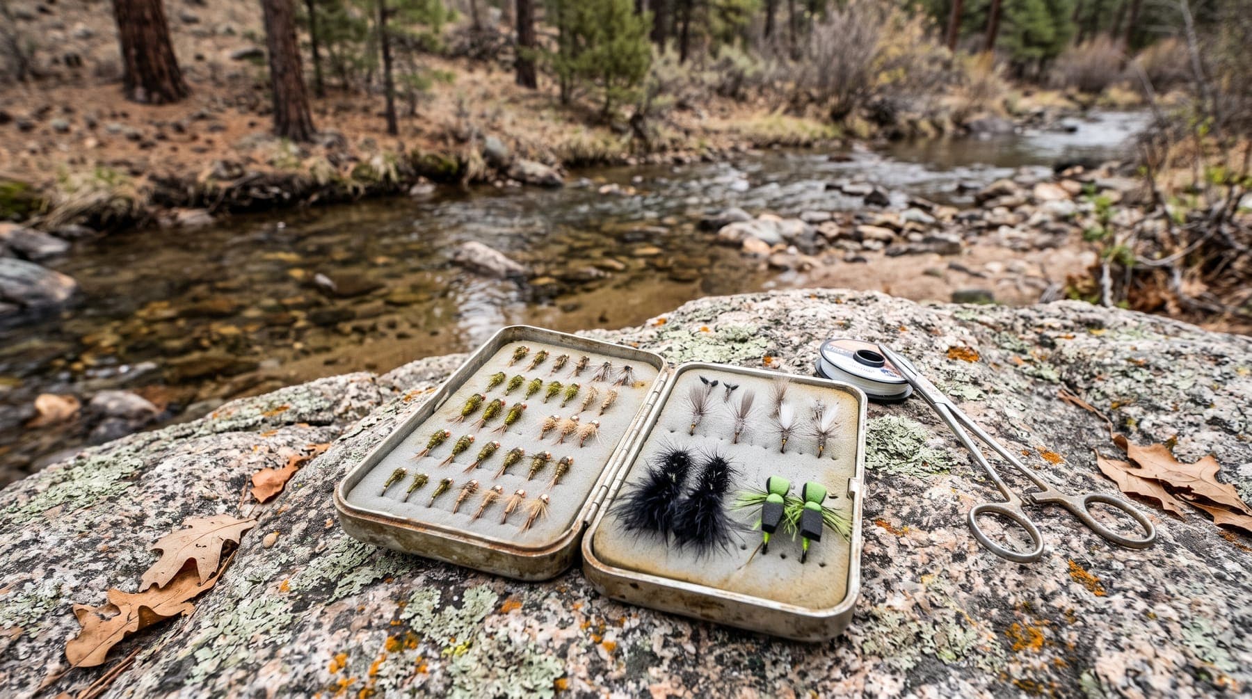An open metal fly box on a lichen-covered granite boulder beside a small mountain stream, holding rows of nymphs, a few dry flies, two black woolly buggers and two green foam flies, with a spool of tippet and hemostats beside it