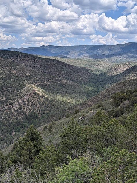 A forested canyon in the Sacramento Mountains, with layers of ridges fading into the distance under a partly cloudy sky