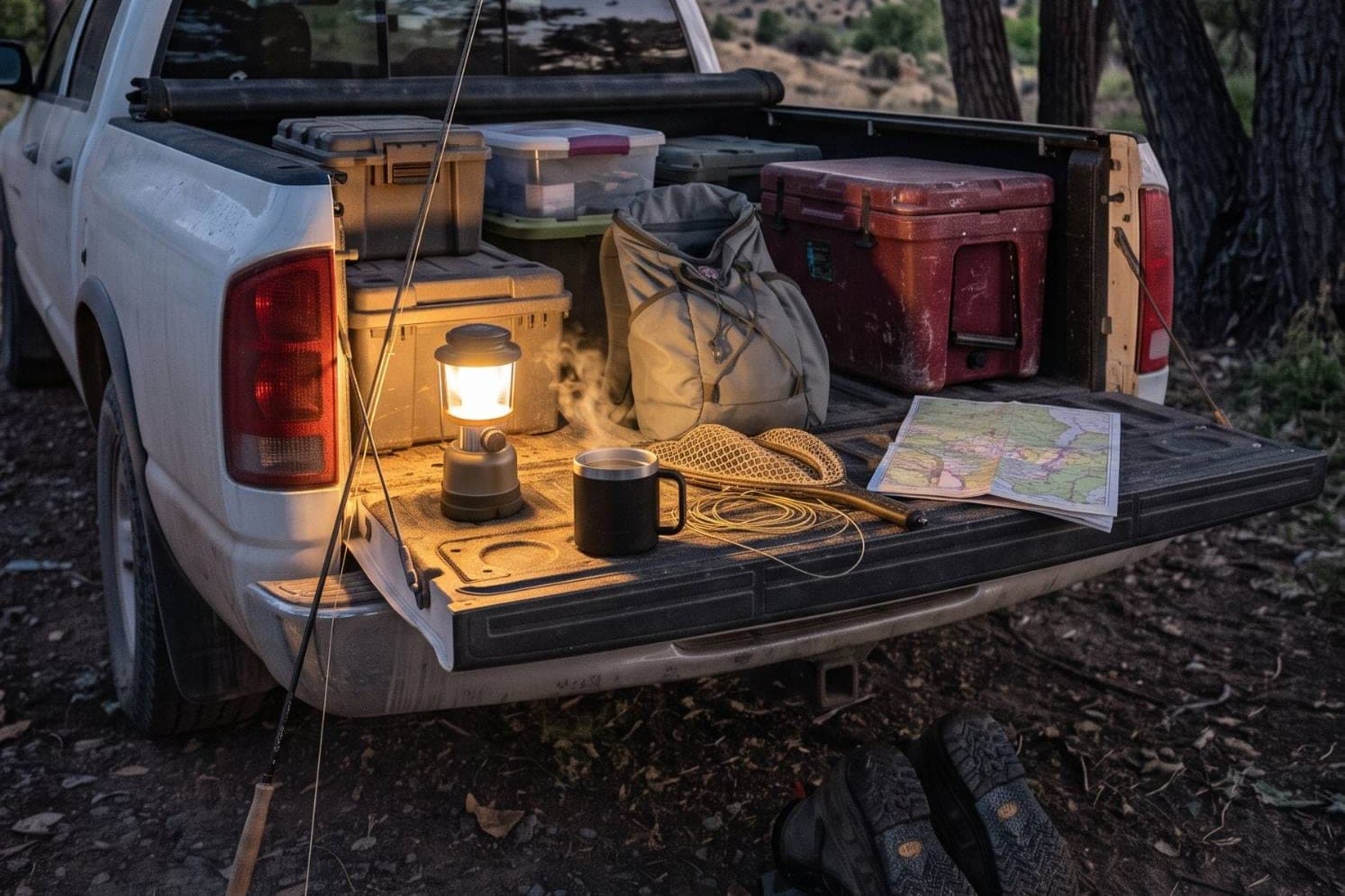 The open tailgate of a white pickup at dusk, loaded with gear boxes, a cooler, a day pack, a lantern, a steaming mug, a landing net and a map, with a fly rod leaning against the truck and a pair of boots on the ground