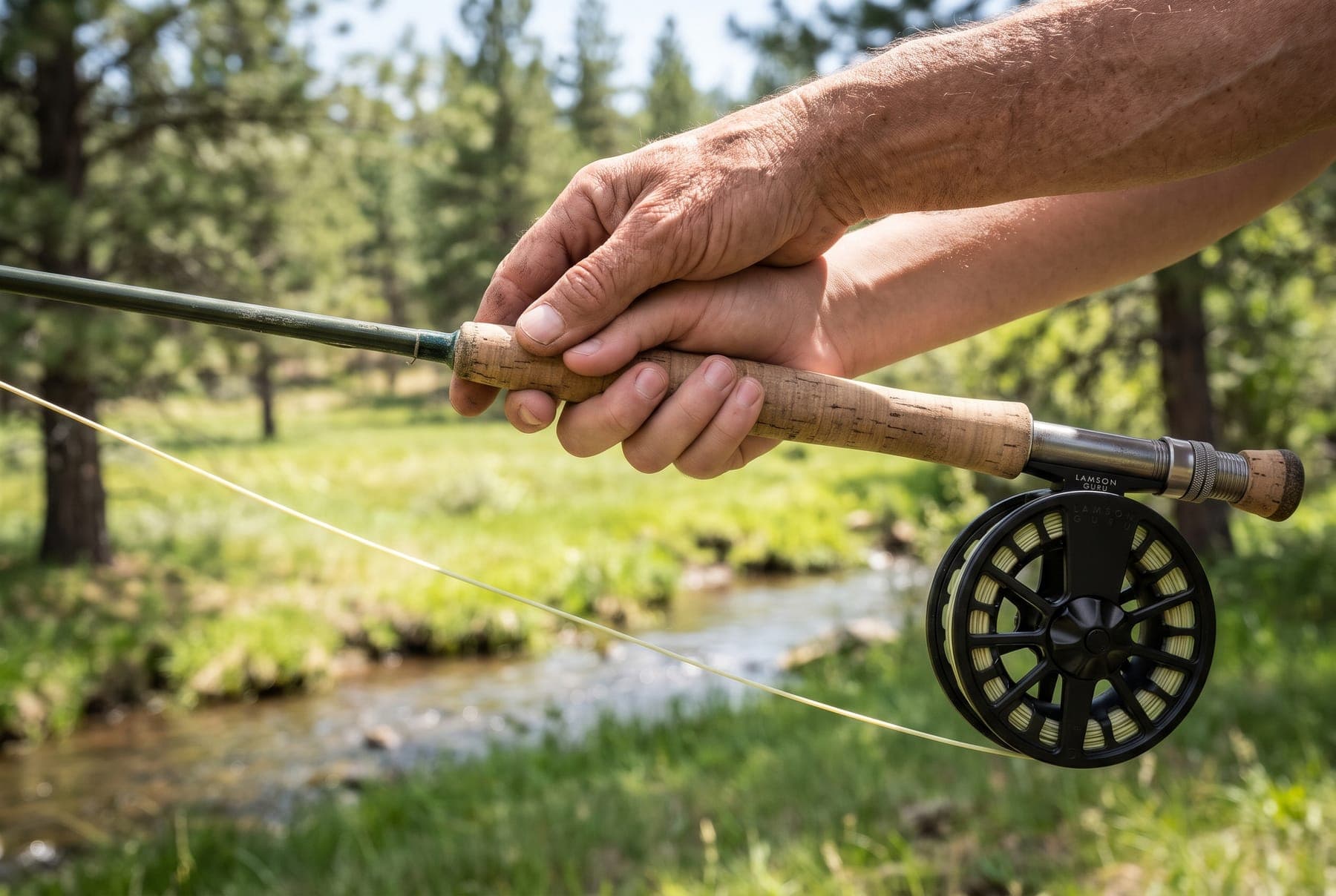 A guide's weathered hand over a beginner's hand on the cork grip of a fly rod and reel, with a sunlit green meadow and a small creek behind